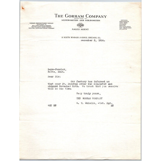 Gorham Company Silver to "Leys" Jewelers Butte, MT 1924 Dunstan Delivery Update