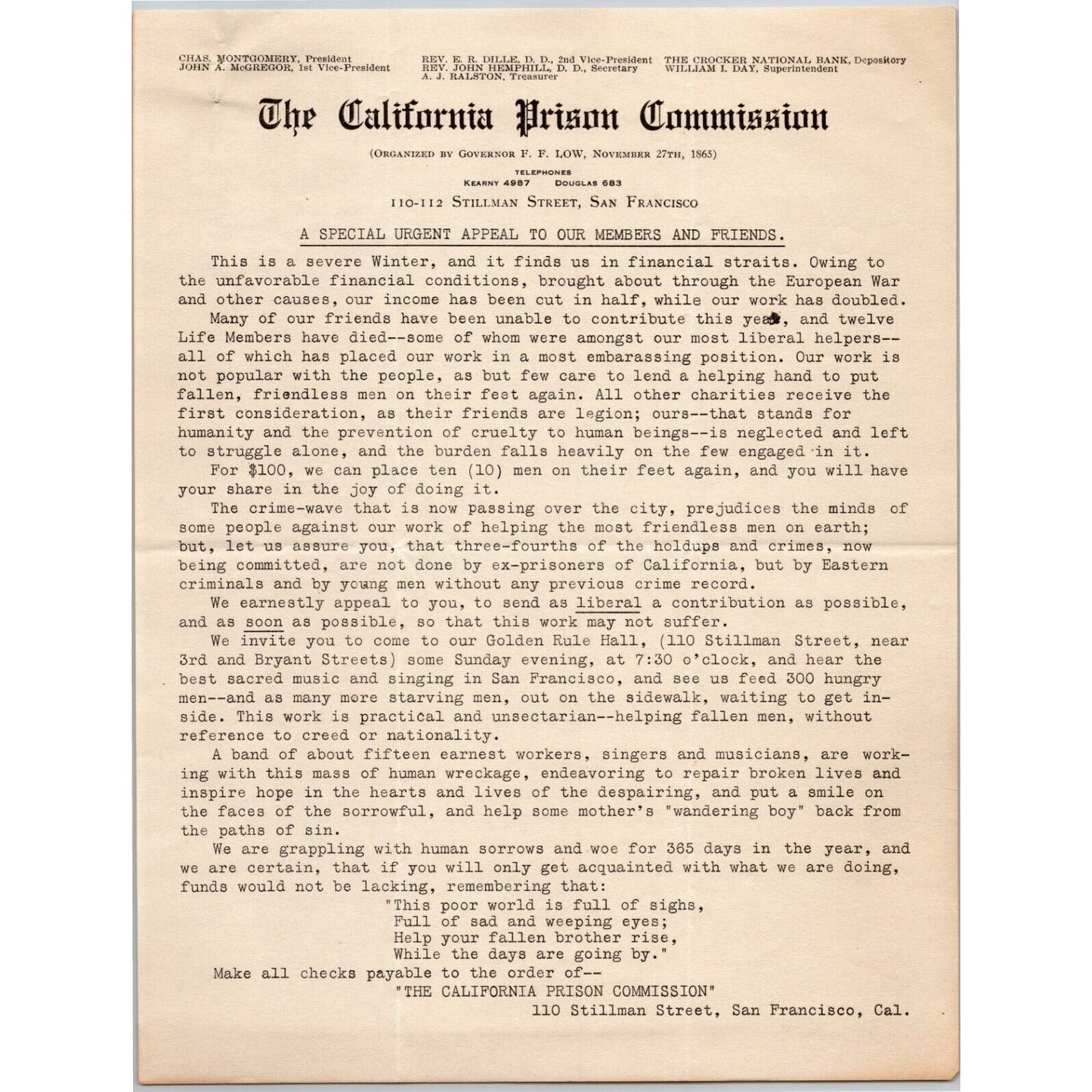 California Prison Commission 1915 Letterhead - R.A. Rowan re: Donation 2pp