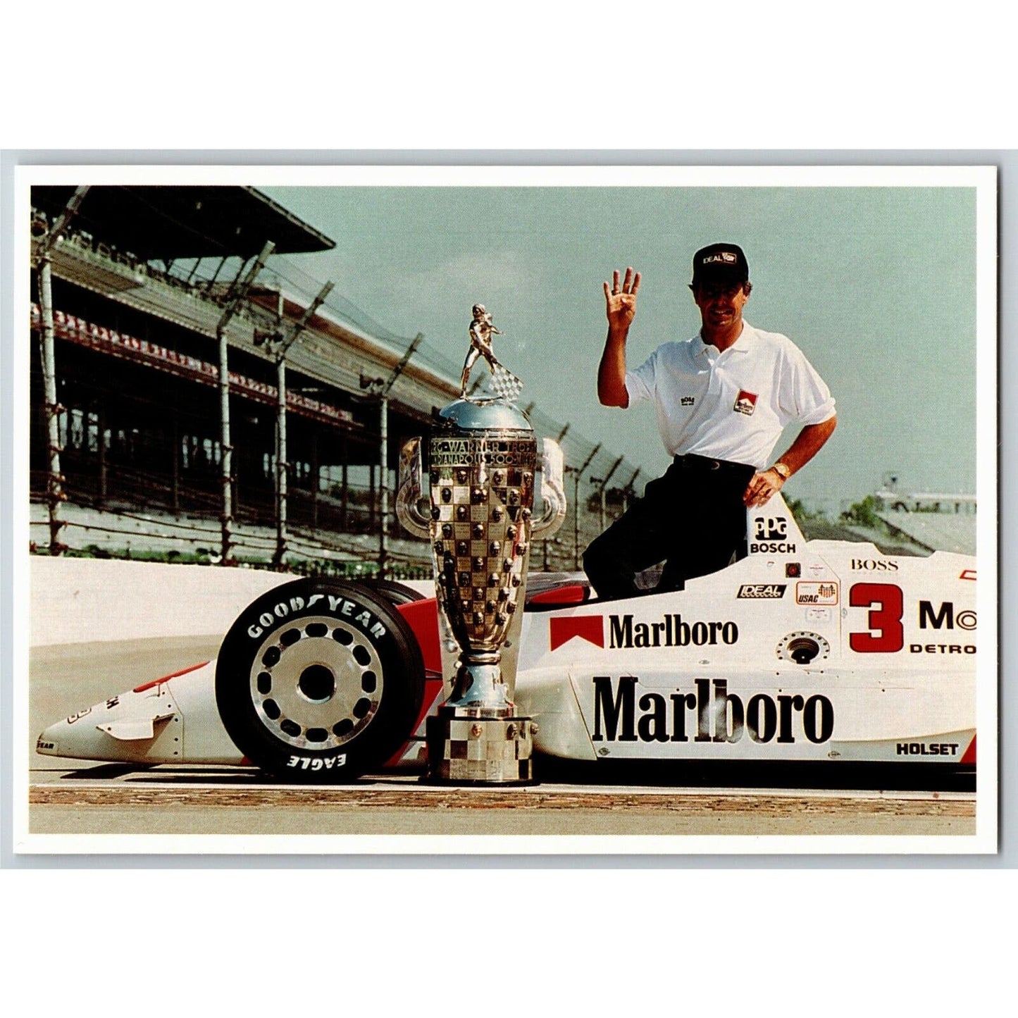 c1991 Indy 500 - Rick Mears w/ Trophy - Motor Speedway NOS 4" x 5 3/4" Postcard