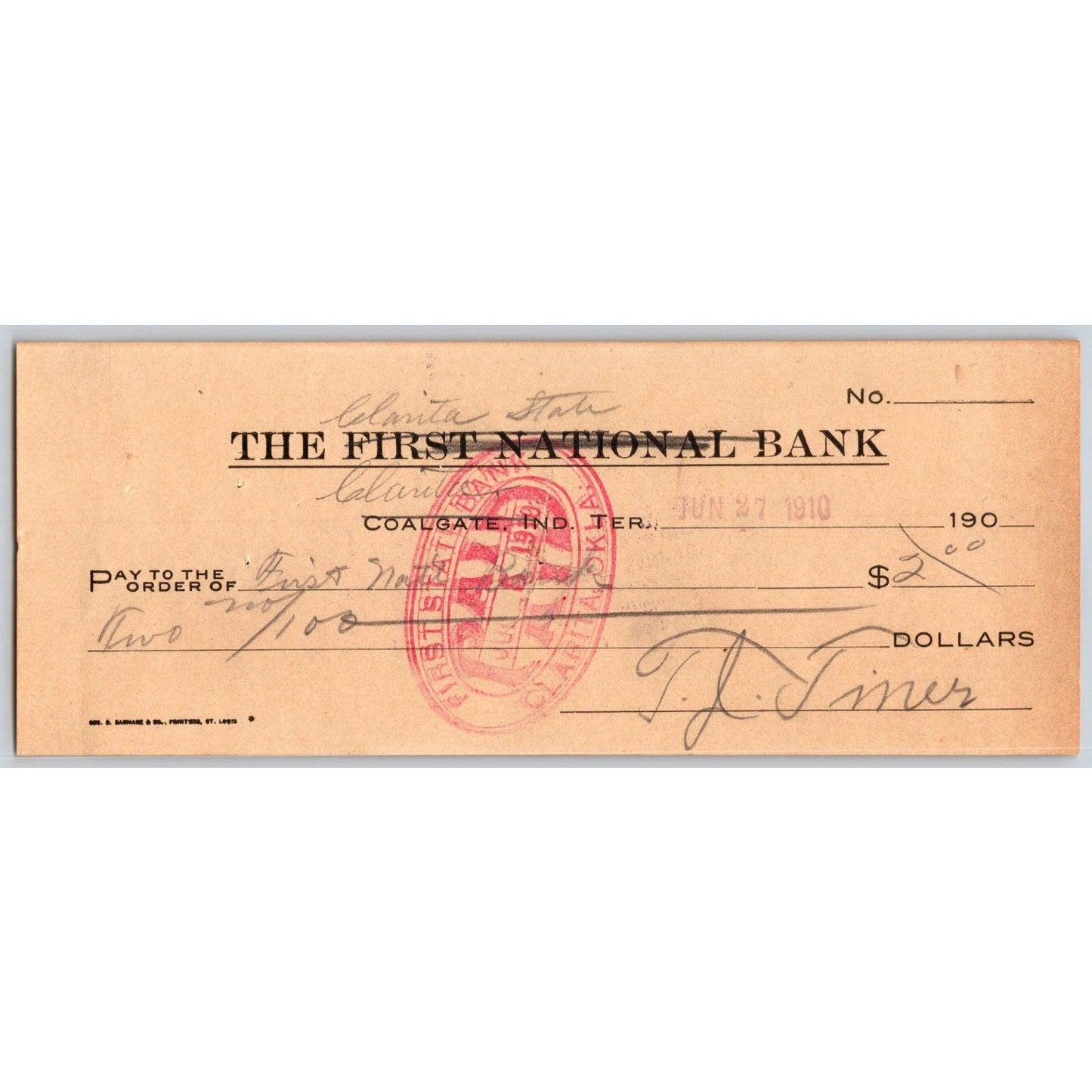 Coalgate / Clarita OK 1910 Indian Territory* Bank Check - Scarce