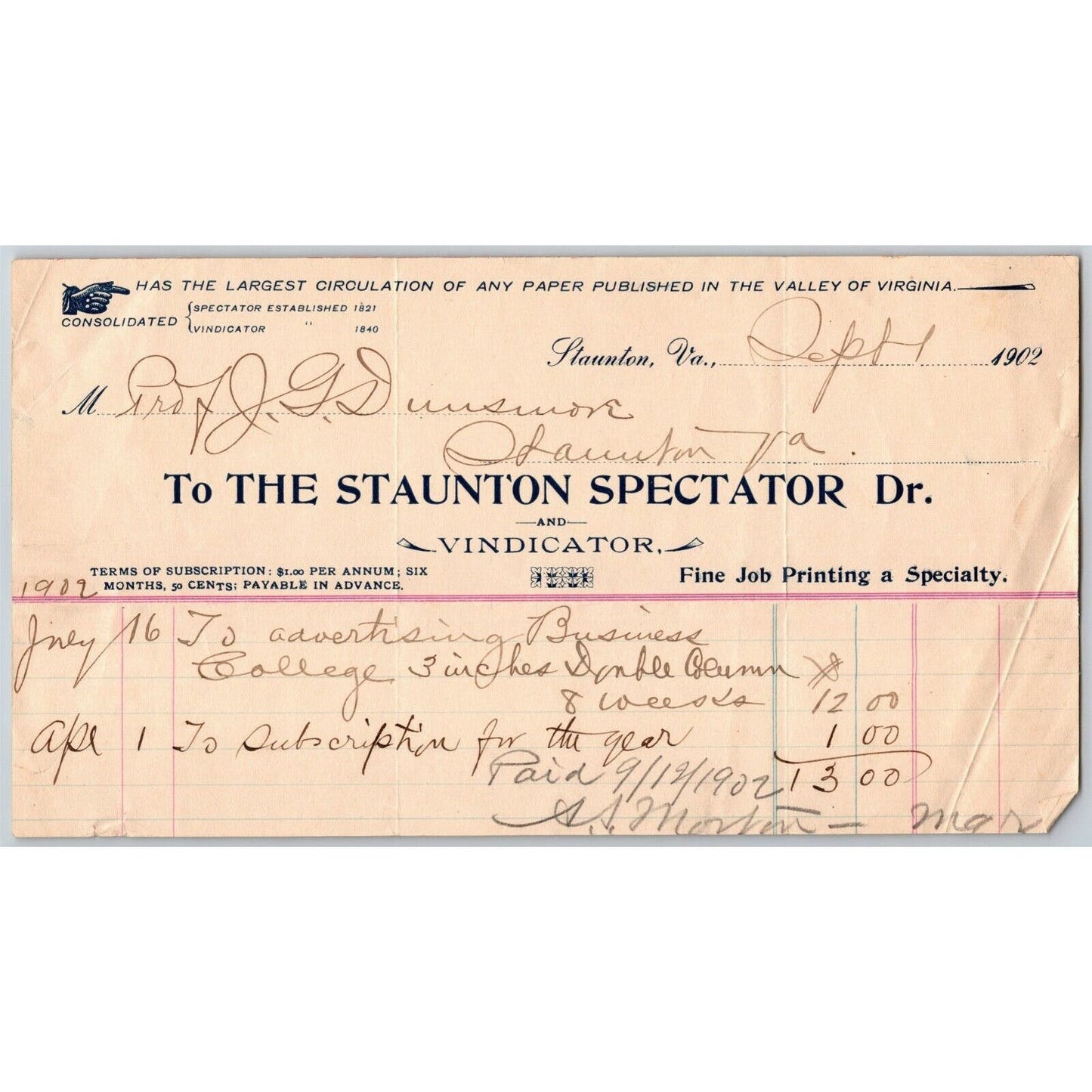 1902 Scarce Staunton Spectator and Vindicator Newspaper Billhead Letterhead VA