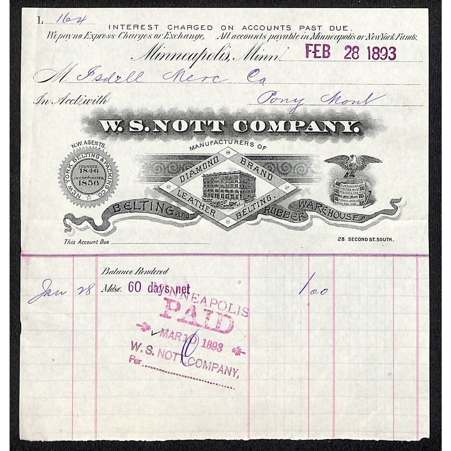 Minneapolis, MN W.S. Nott Company Diamond Brand Leather Belting 1893 Billhead
