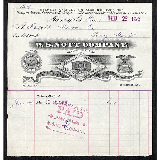 Minneapolis, MN W.S. Nott Company Diamond Brand Leather Belting 1893 Billhead