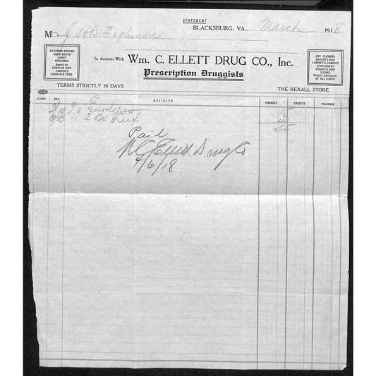 Blacksburg, VA Wm. C. Ellett Drug Co Prescription Druggists Rexall 1918 Billhead