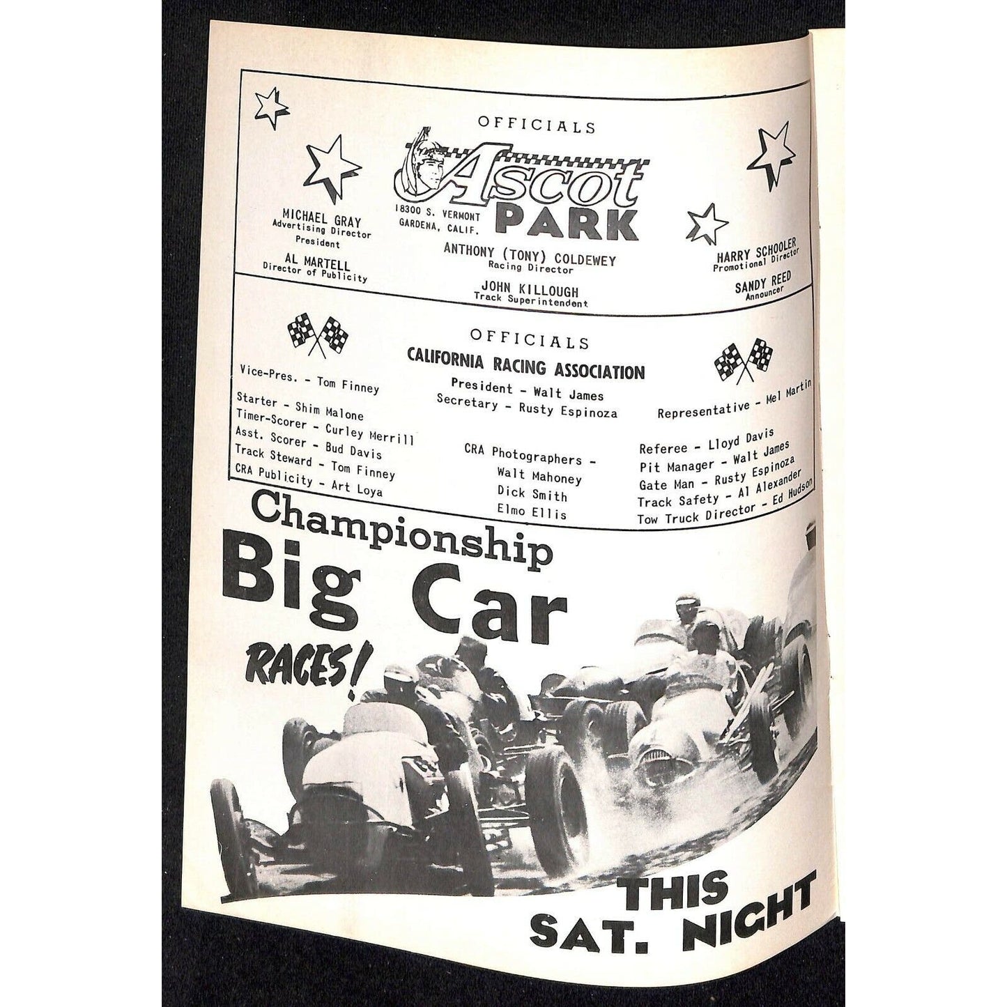 Scarce June 3 1961 Auto Racing CRA Big Car Program Ascot Gardena, CA 12pp