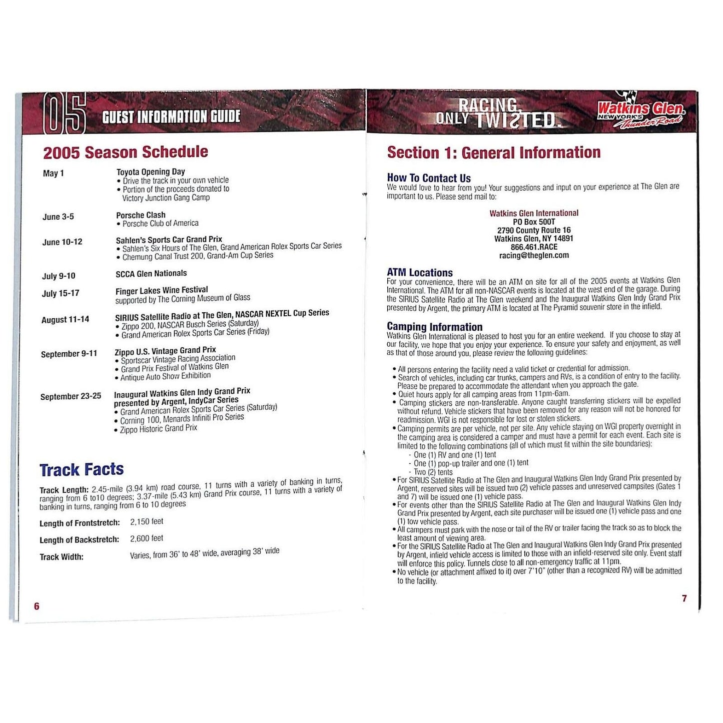 2005 Watkins Glen Racing Guest Information Guide Booklet 28pp - VGC