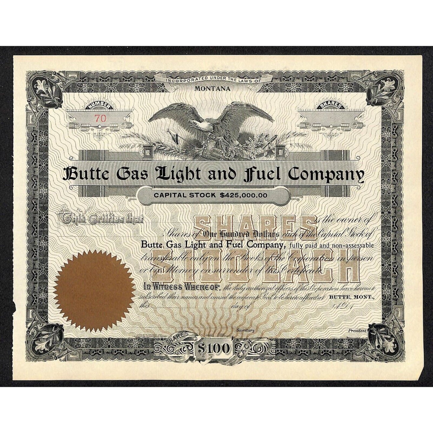 Butte Gas Light and Fuel Company Montana c1890's Unused Stock Certificate VGC