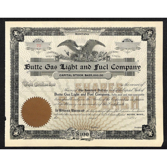 Butte Gas Light and Fuel Company Montana c1890's Unused Stock Certificate VGC