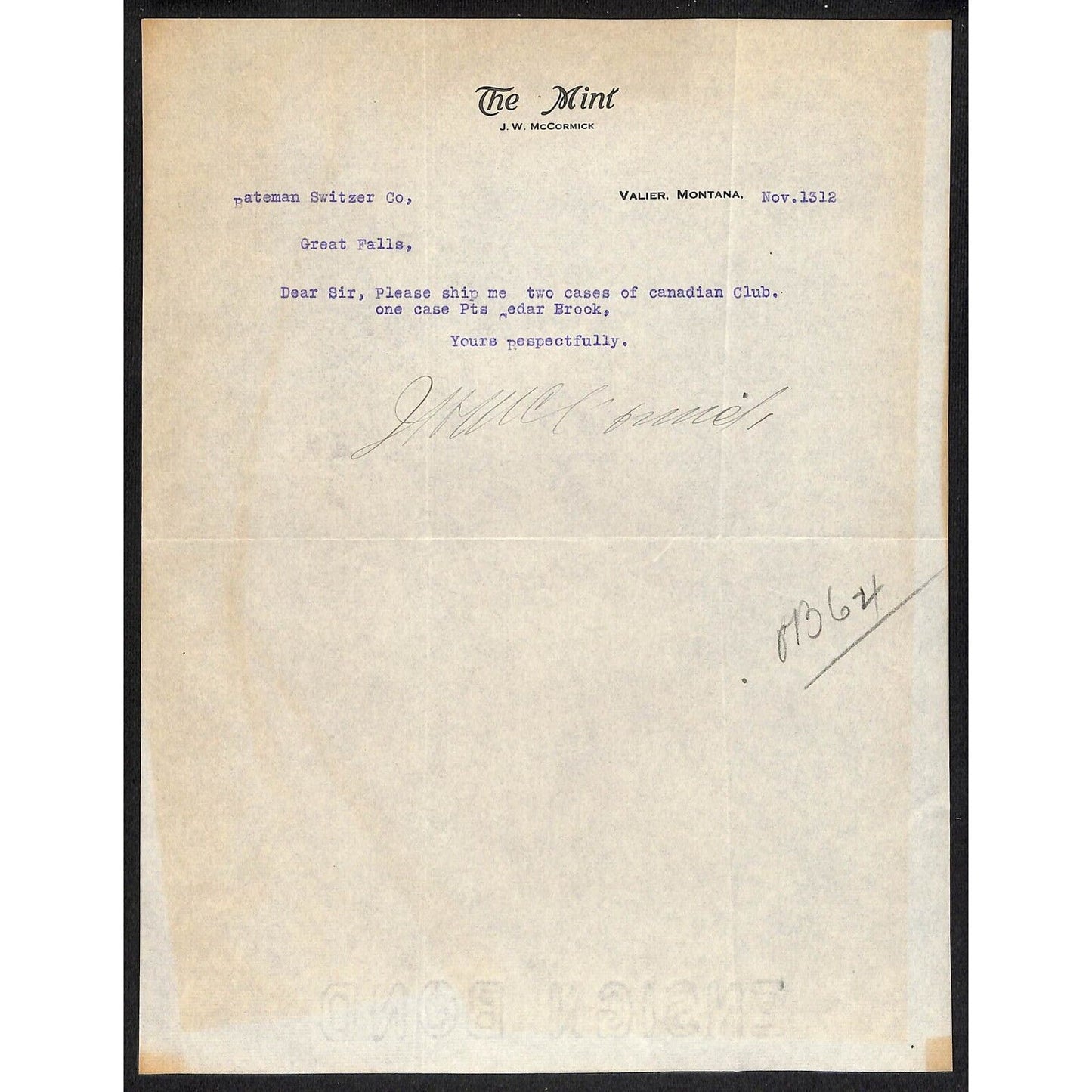 Valier, MT "The Mint" (Saloon & Restaurant) 1912 Letterhead - Bateman Switzer