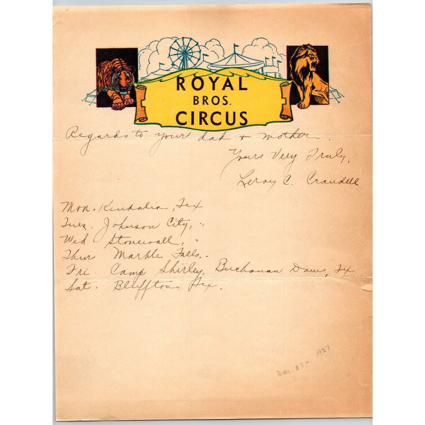 Royal Bros. Circus Letterhead c1937 Signed "Leroy C. Crandell" Scarce
