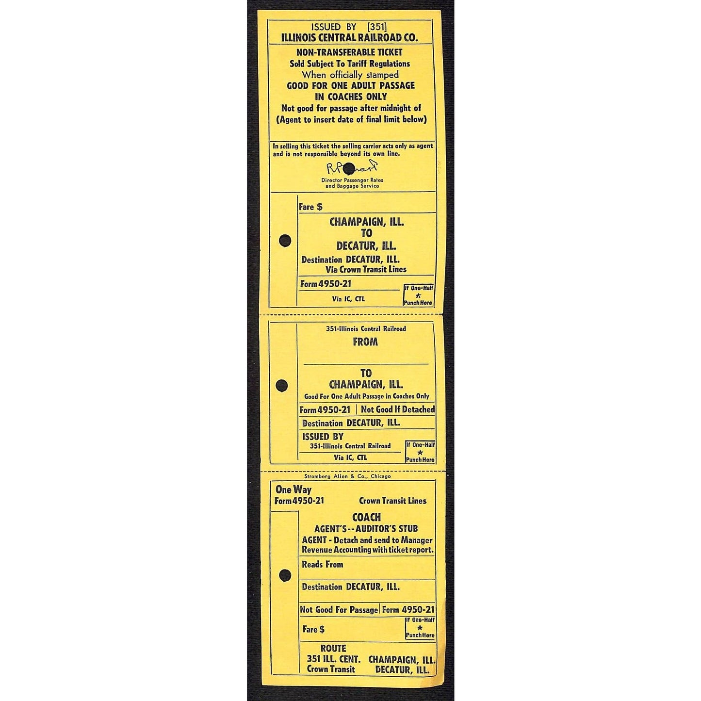 Illinois Central Railroad Unnumbered SAMPLE Ticket Champaign Decatur