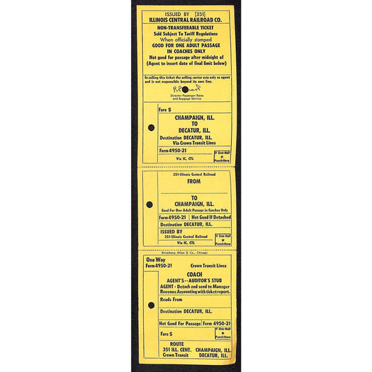 Illinois Central Railroad Unnumbered SAMPLE Ticket Champaign Decatur