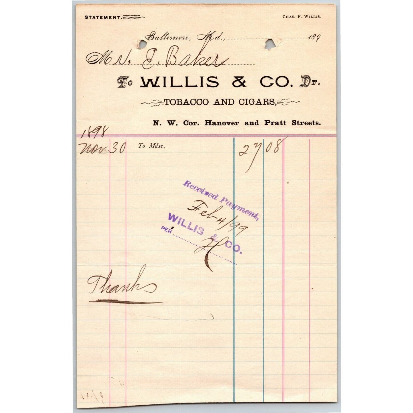 1898 Letterhead Billhead Willis & Co. Tobacco Cigars Baltimore Ephraim Baker*