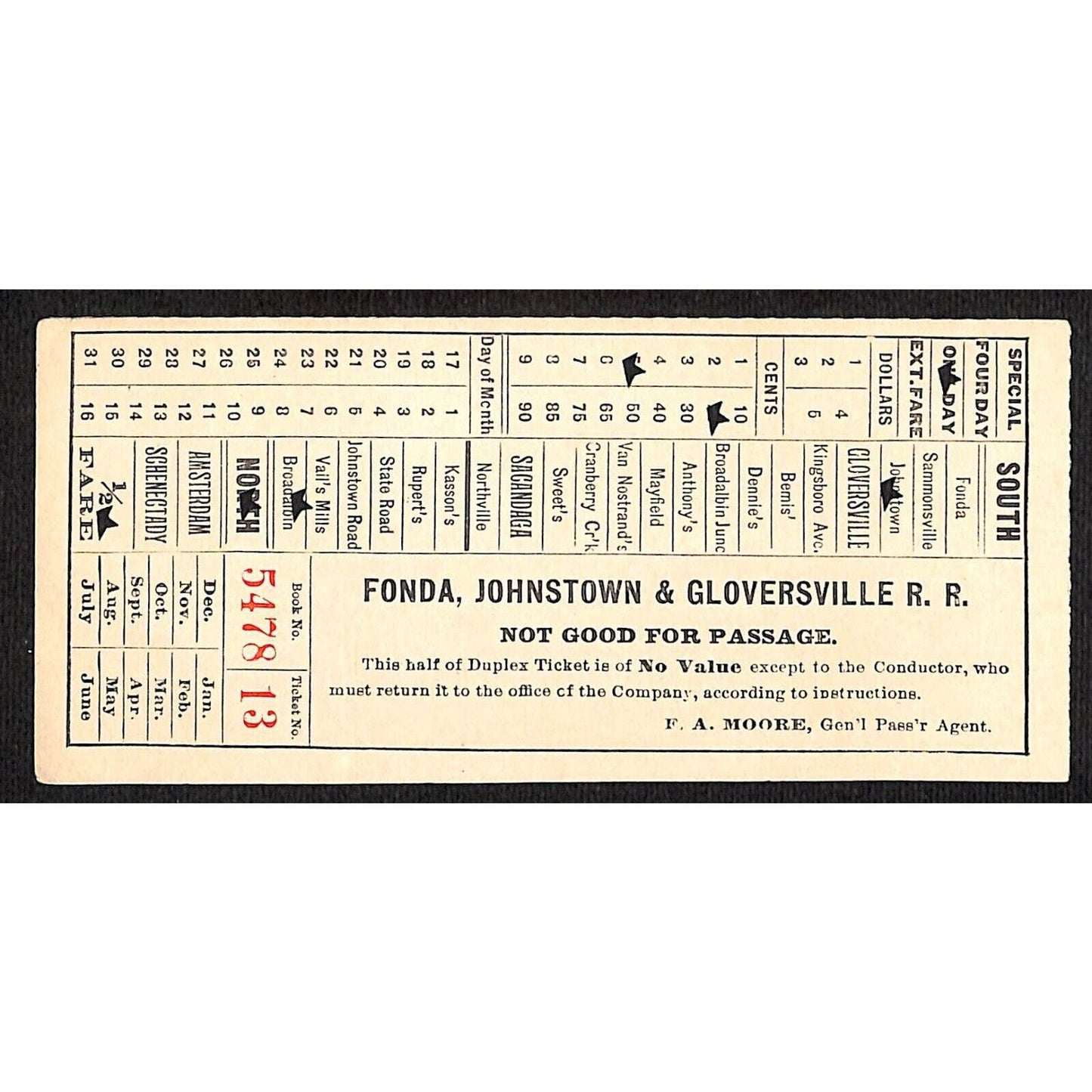 Fonda, Johnstown & Gloversville Railroad Ticket Book 5478 Ticket 13