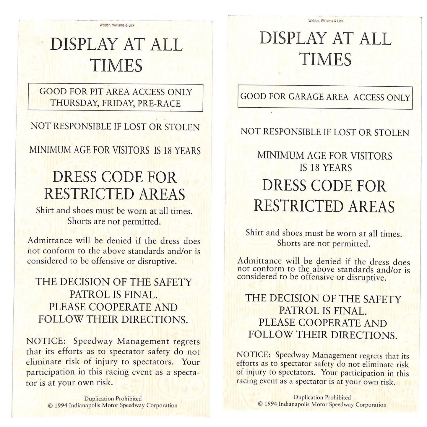 1994 Inaugural Brickyard 400 Garage Passes w/ Lanyard The Ron Burton Estate