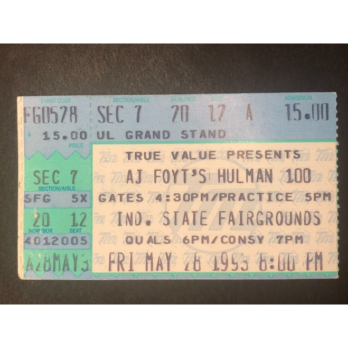 A.J. Foyt's Hulman 100 Indiana State Fairgrounds 5/28 1993 Ticket Stub