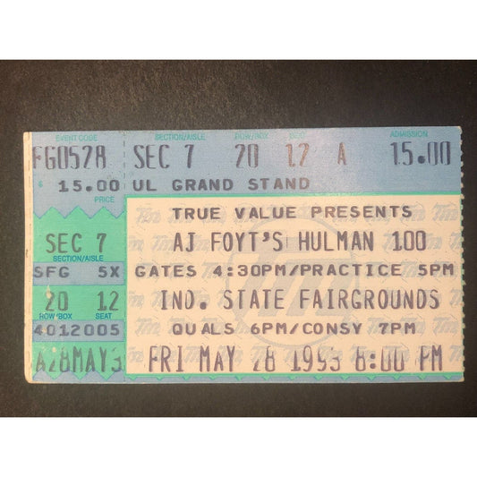A.J. Foyt's Hulman 100 Indiana State Fairgrounds 5/28 1993 Ticket Stub