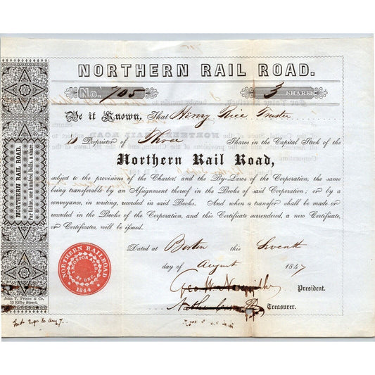 1847 Boston, MA Northern Railroad Stock Certificate No. 705 for 3 Shares