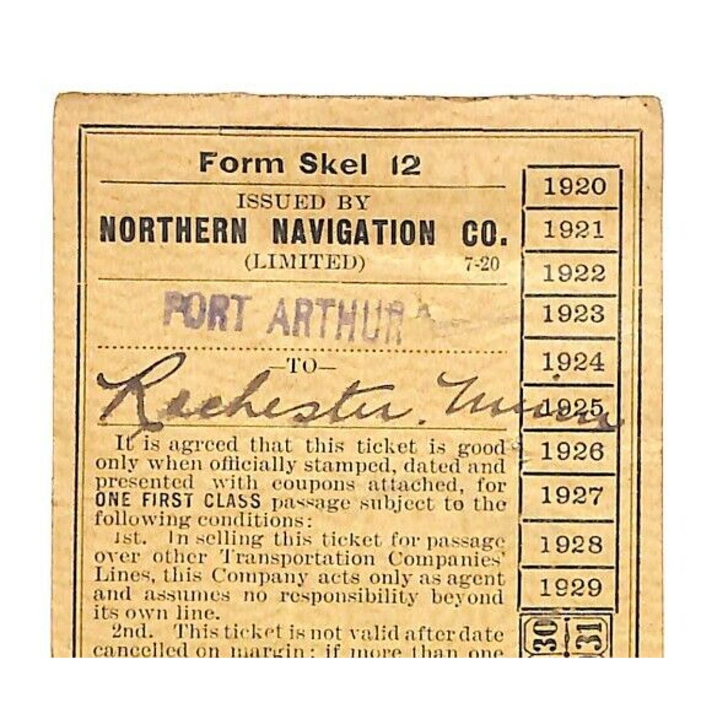 Northern Navigation Co. Railroad Ticket 1921 Port Arthur to Rochester MN Scarce