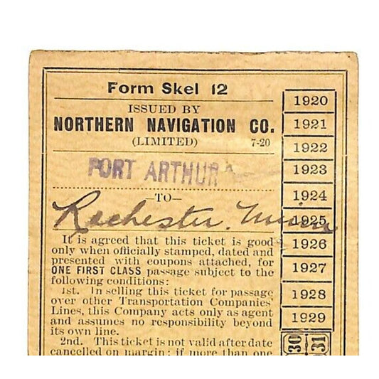 Northern Navigation Co. Railroad Ticket 1921 Port Arthur to Rochester MN Scarce