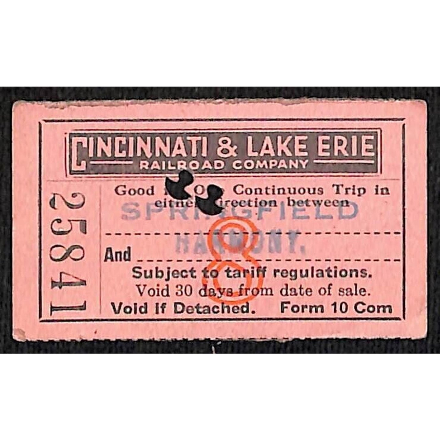 Cincinnati & Lake Erie Railroad c1936 Ticket Springfield to Harmony #25841