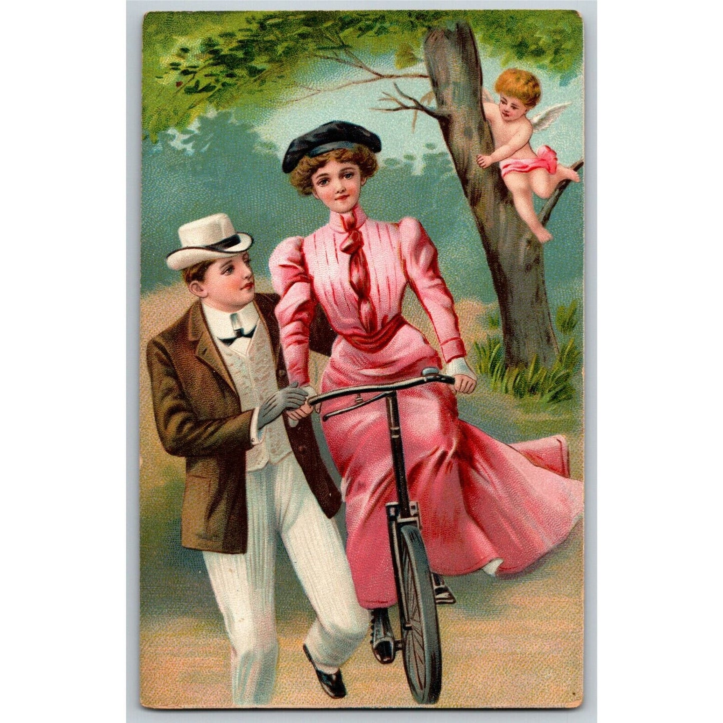 Romantic Postcard c1912 Woman on Bicycle w/ Man Running Along - Cupid - Embossed