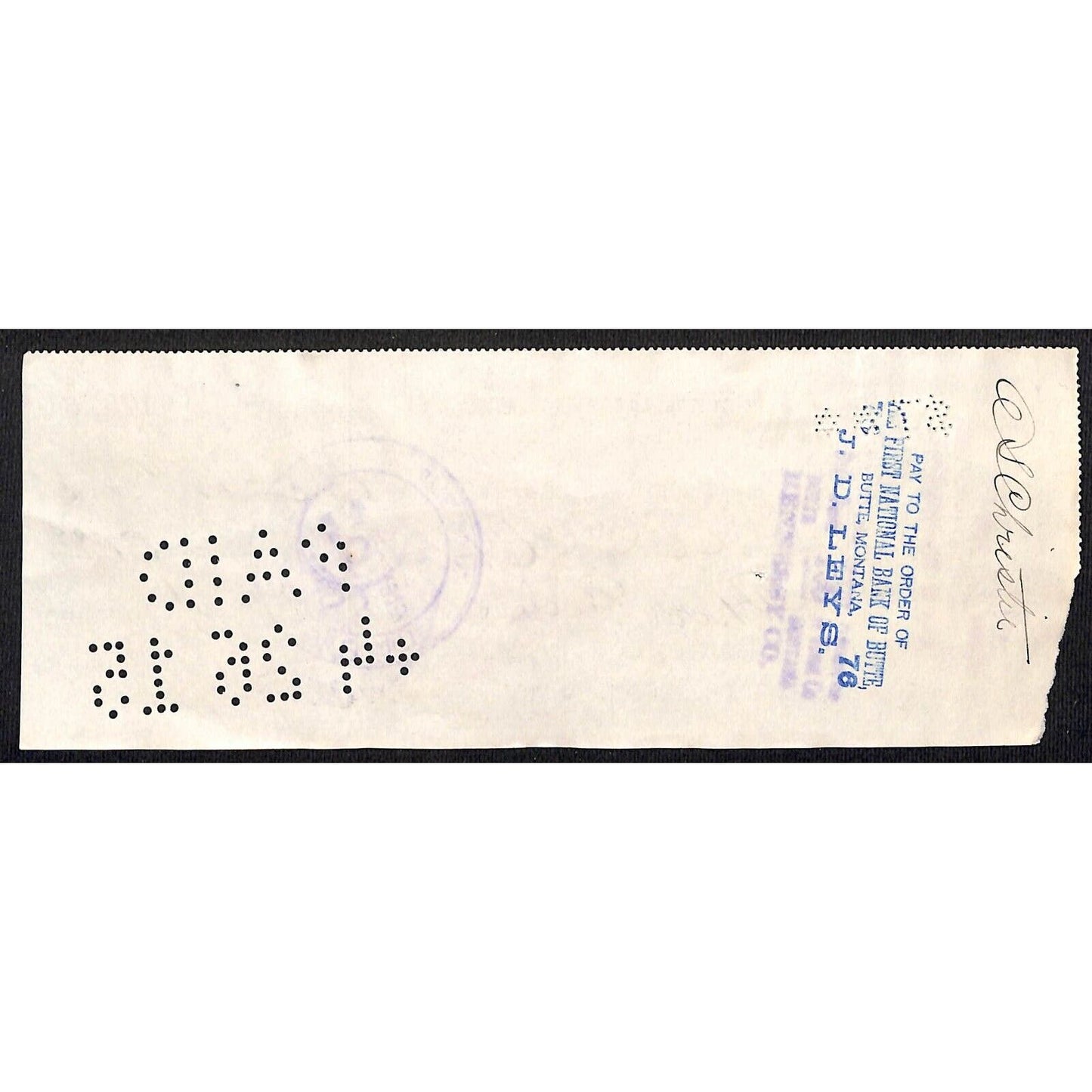 Butte Montana 1915 Leys Jeweler $7 Bank Check w/ Building Vignette