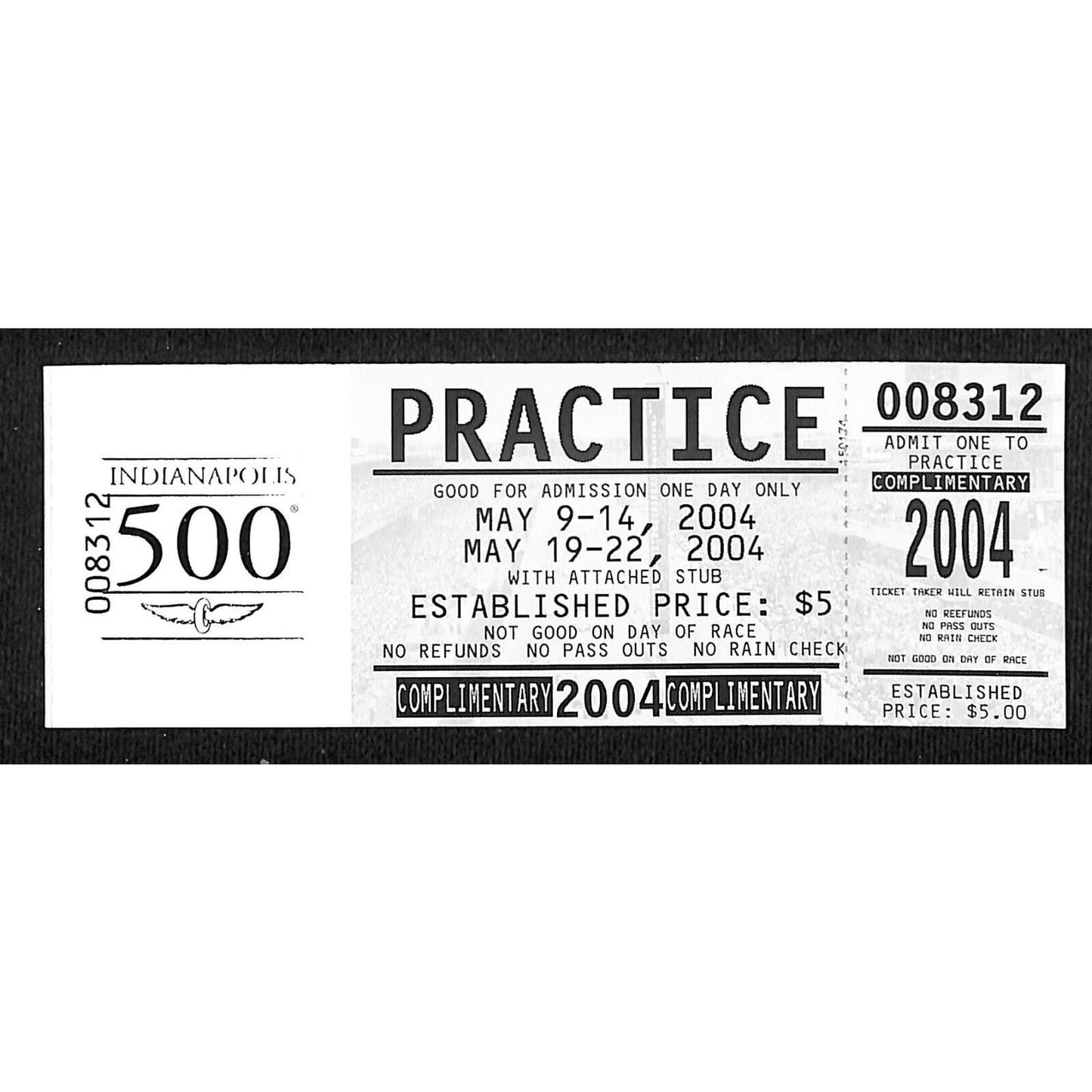 2004 Indy 500 Unused Comp Practice Ticket on IMS Foil Stamped Stock #8312 VGC