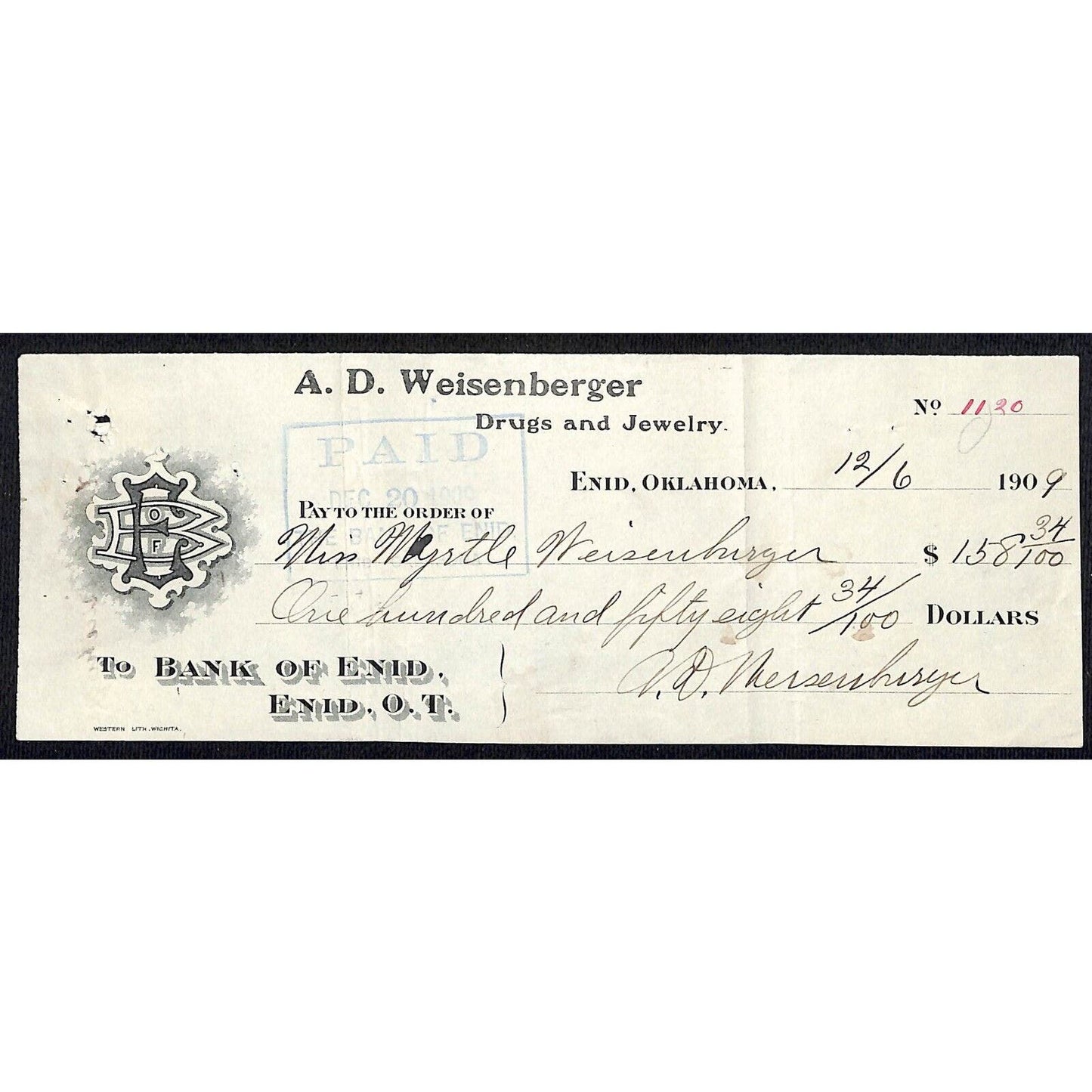 Enid, OK 1909 A.D. Weisenberger Drugs and Jewelry Bank Check Scarce