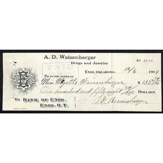 Enid, OK 1909 A.D. Weisenberger Drugs and Jewelry Bank Check Scarce