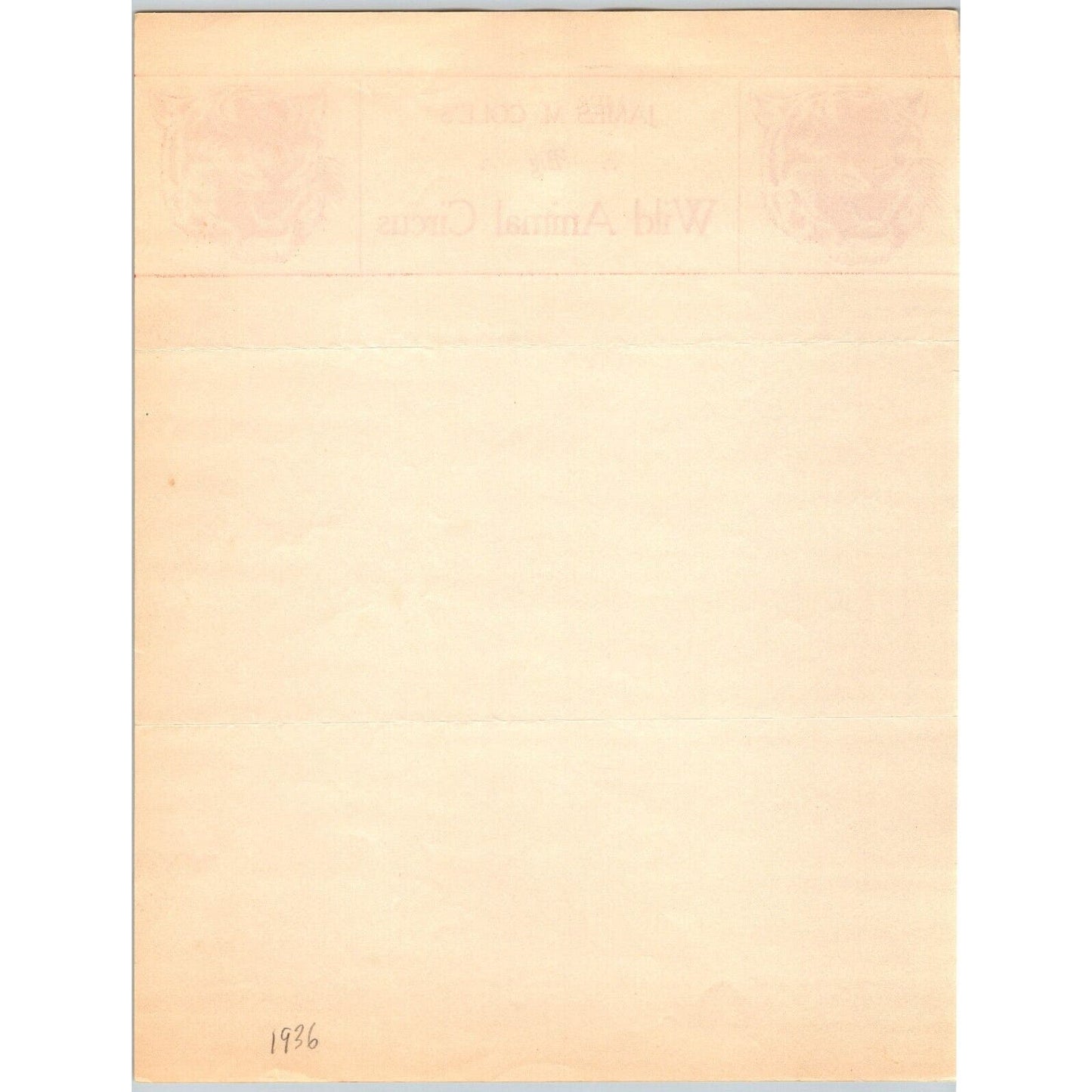 James M. Cole's Big Wild Animal Circus Letterhead c1936 Tiger Scarce