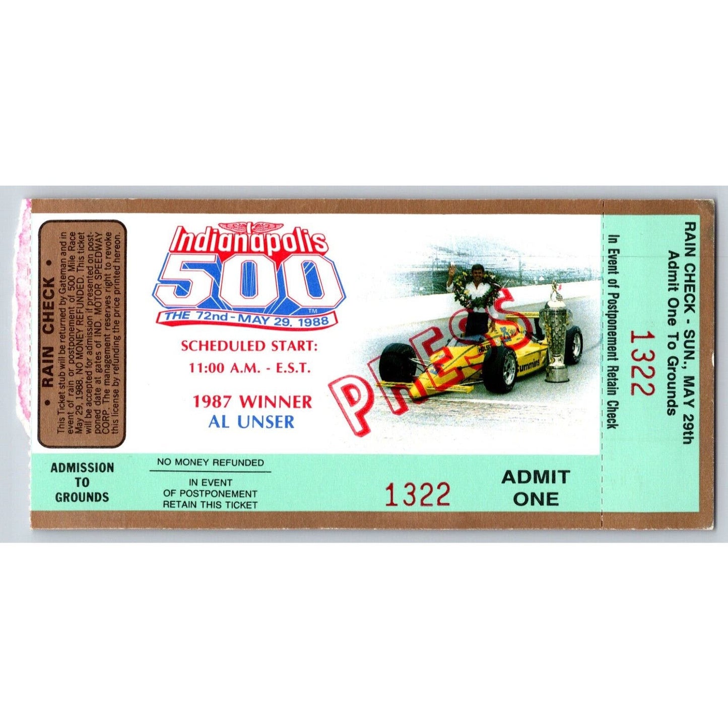 1988 Indianapolis 500 "Press" Ticket Stub Racing IMS Al Unser #1322