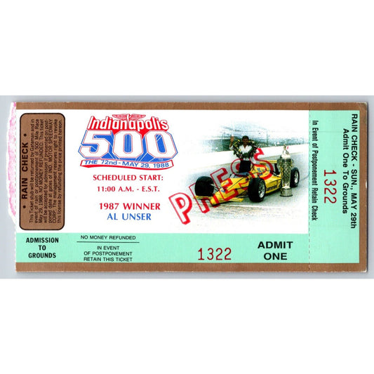 1988 Indianapolis 500 "Press" Ticket Stub Racing IMS Al Unser #1322