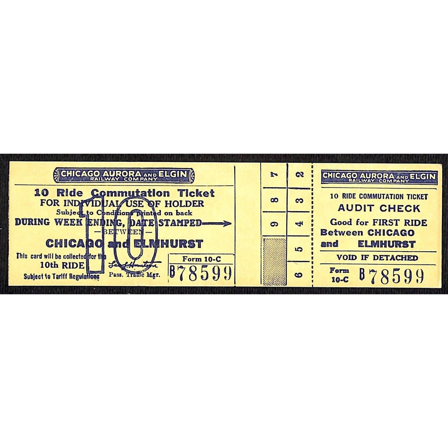 Chicago Aurora and Elgin Railway (1902-57) 10 Ride Ticket Chicago / Elmhurst