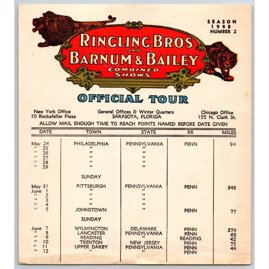 1948 Ringling Bros Barnum Bailey Circus Route Card Philadelphia Pittsburgh