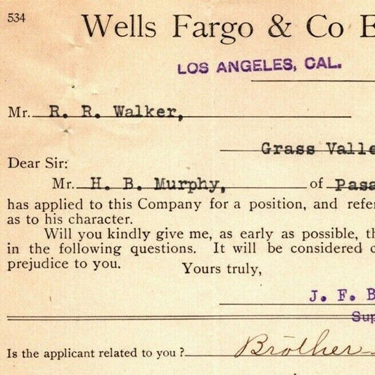 1913 Wells Fargo Express Employment Reference / Testimony Form Los Angeles