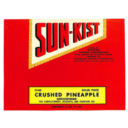 1949 Paper Label Sun-Kist Coarse Crushed Pineapple Philippine Packing Scarce