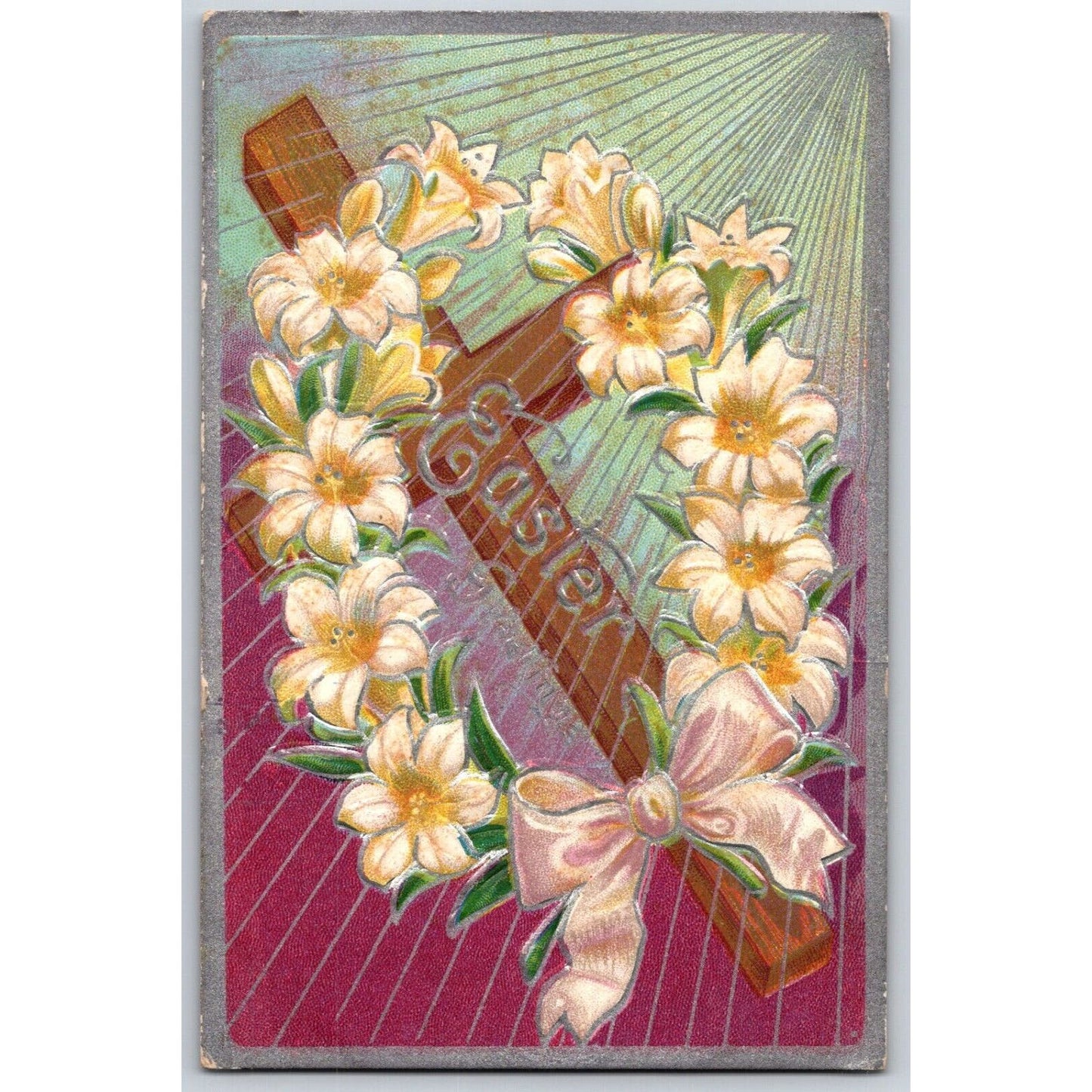 Vintage Easter Postcard "Easter Greetings" Floral Cross Silver Embossed