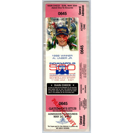 1993 Indy 500 Participant Ticket Stub #645 - Ron Burton Estate