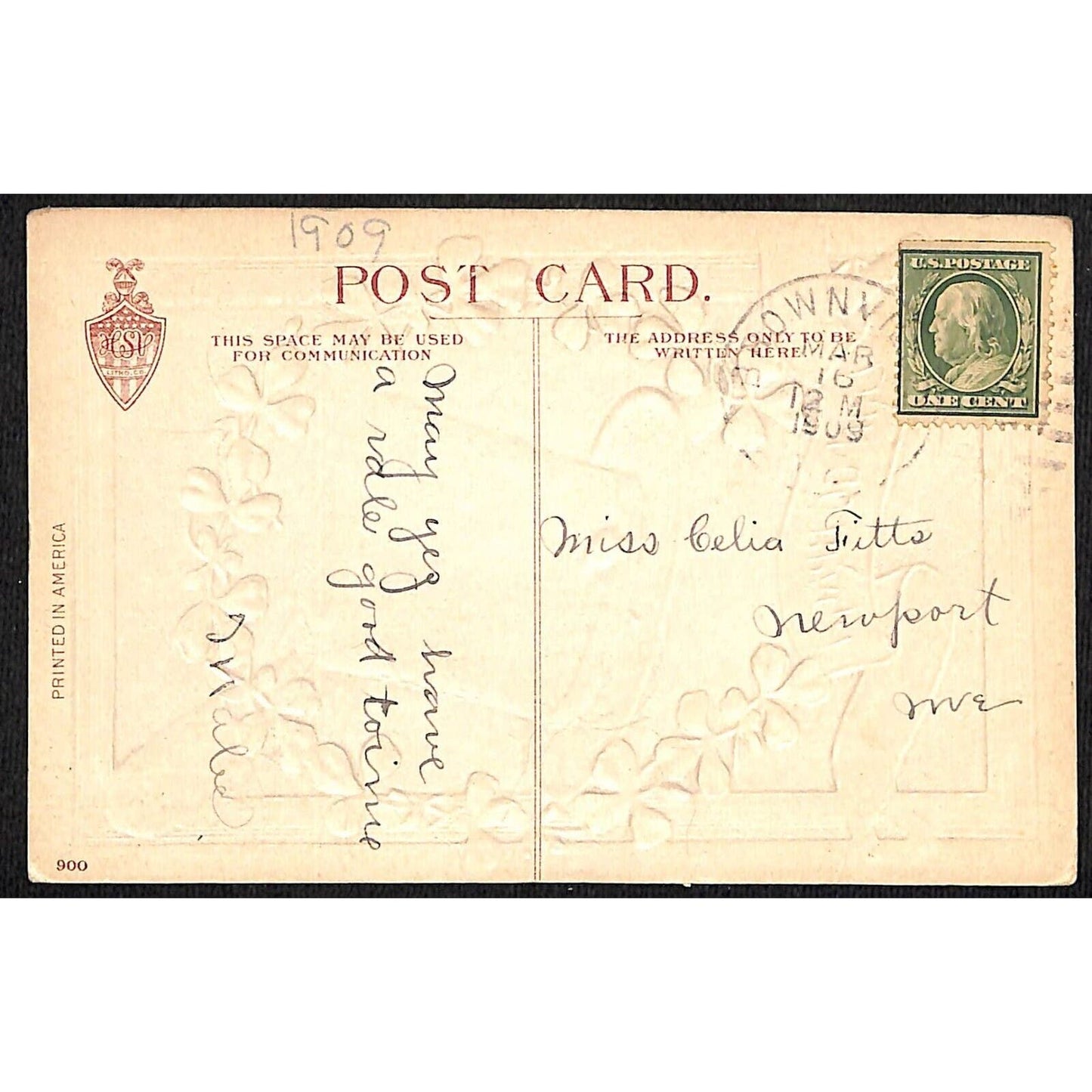 Ireland Postcard "Erin Go Bragh" Top Hat Shillelagh Clovers Horseshoe PM 1909