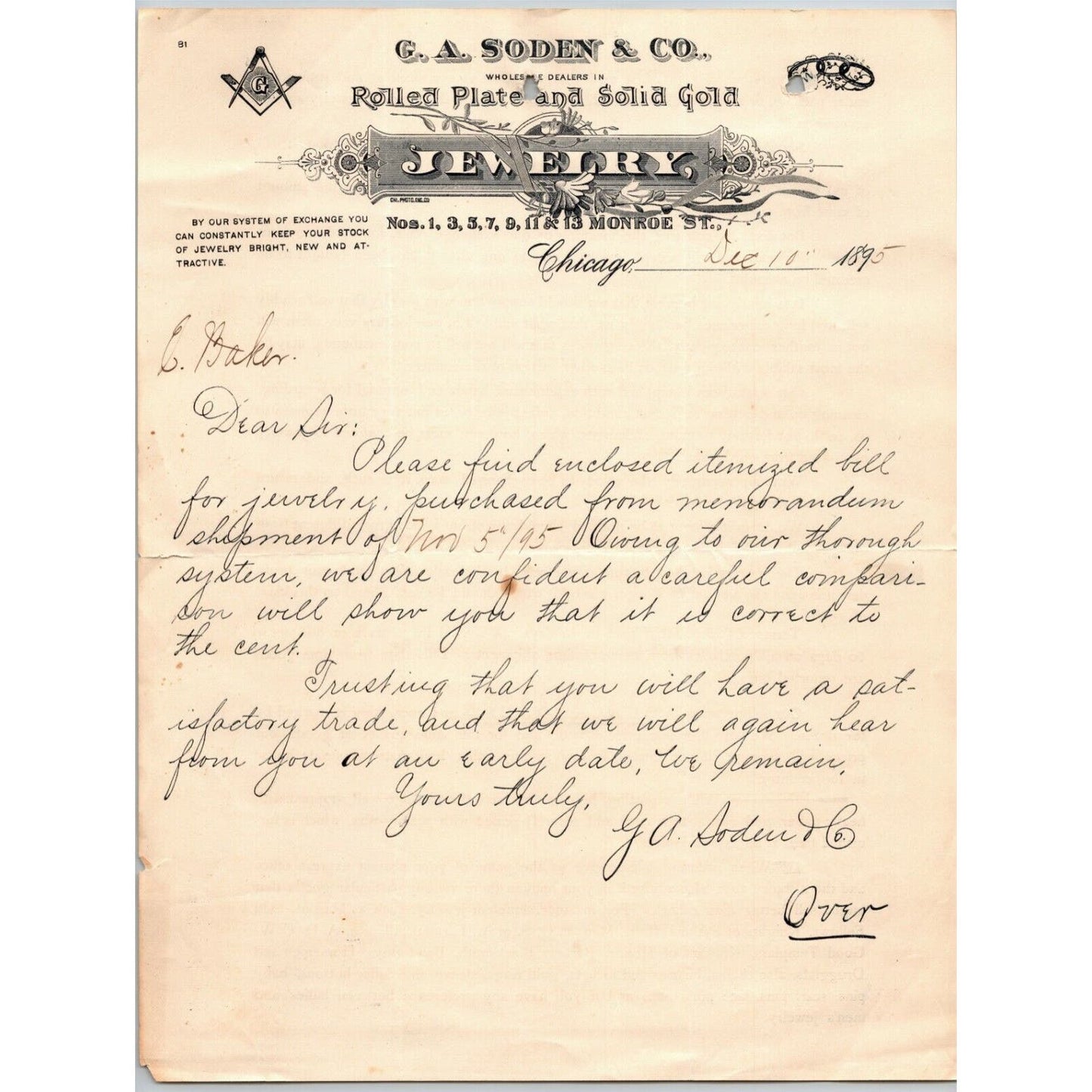 1895 Letterhead - G.A. Soden & Co. Jewelers Freemason Chicago - Ephraim Baker*