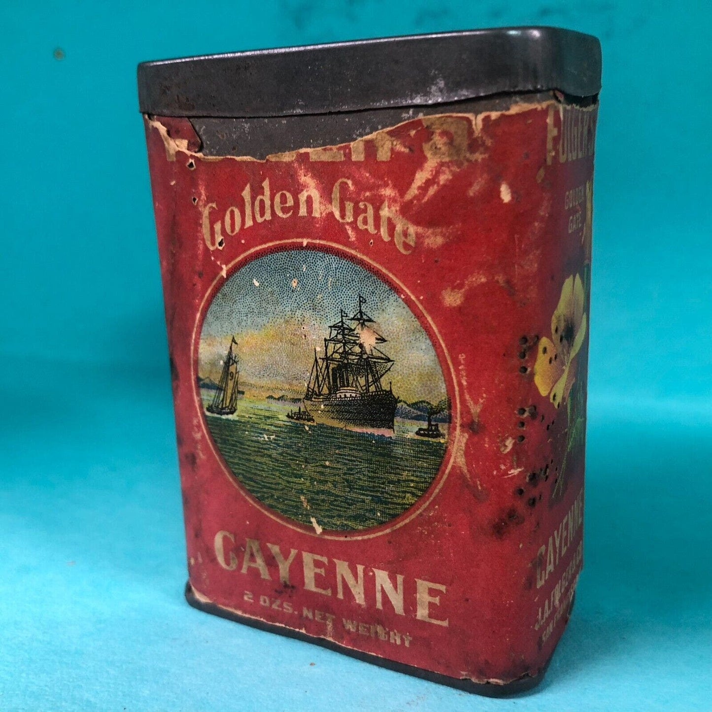 Folger's Golden Gate Cayenne Spice Tin 3 3/8"h c1910 Paper Label Scarce