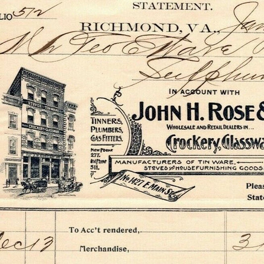 John H. Rose Glassware Lamp Goods Letterhead Richmond, VA to Geo. E. Wear 1902