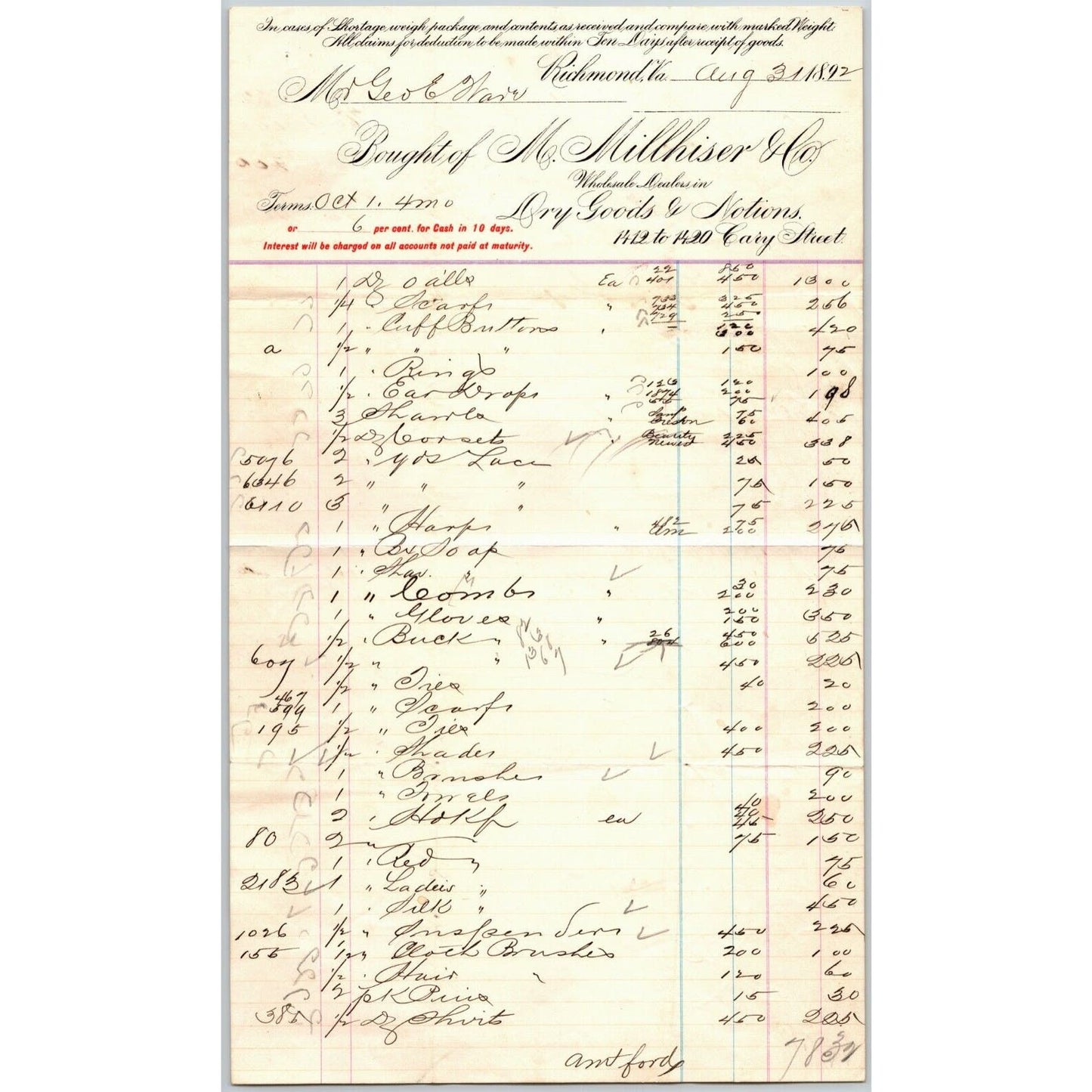 M. Millhiser Dry Goods Notions Richmond, VA Letterhead o Geo. E. Wear 1892