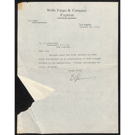 Wells Fargo & Co. Express Los Angeles YMCA 1912 Letterhead re: Subscription