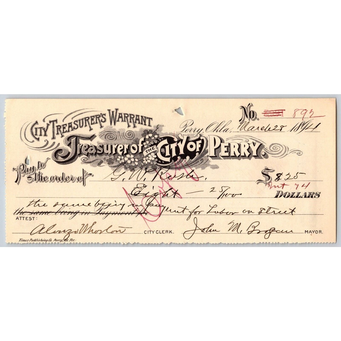 Perry Okla. Territory 1894 Noble Treasurer's Warrant "Payment Labor on Street"