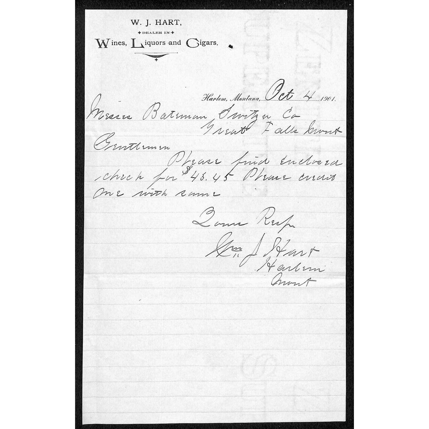 Harlem, MT W.J. Hart 1901 ALS Letterhead Wines Liquors Cigars Bateman Switzer