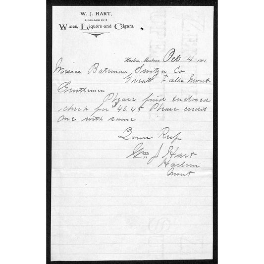 Harlem, MT W.J. Hart 1901 ALS Letterhead Wines Liquors Cigars Bateman Switzer