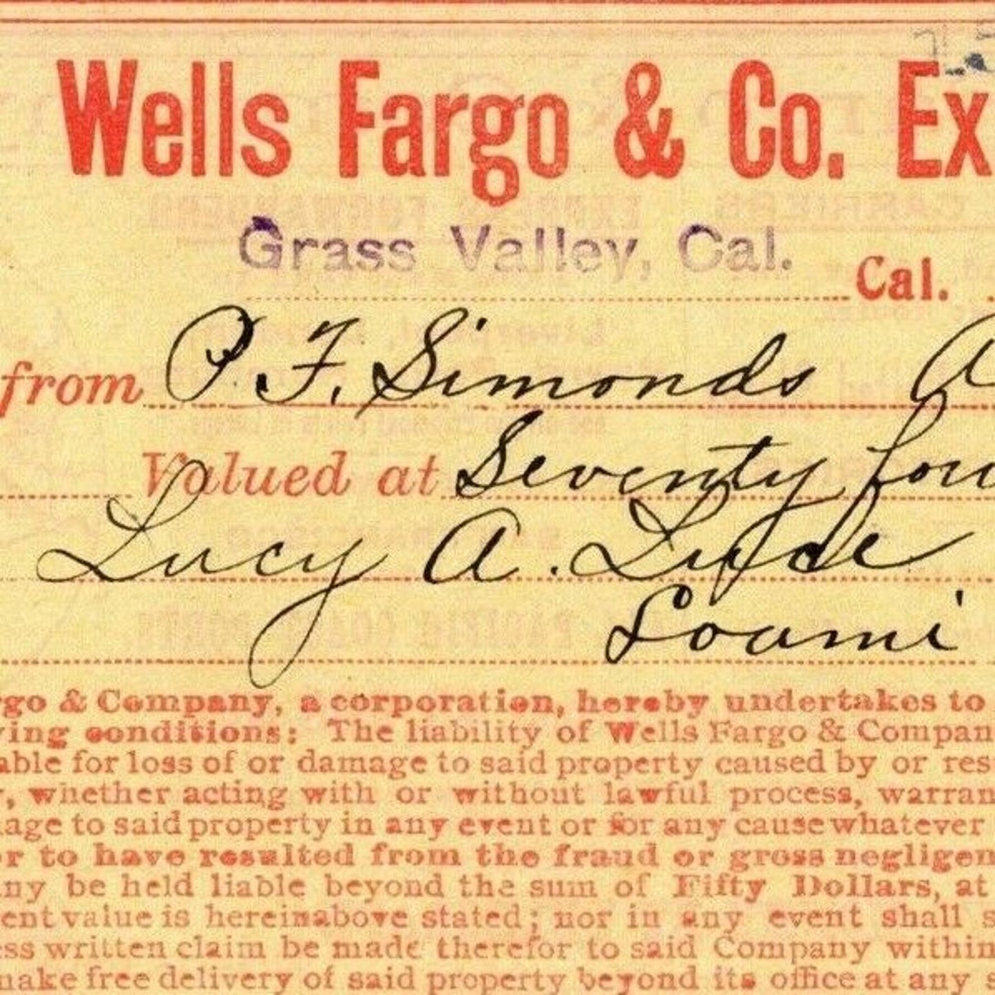 1908 Wells Fargo & Co Express - Grass Valley, CA - $104.18 Money Receipt