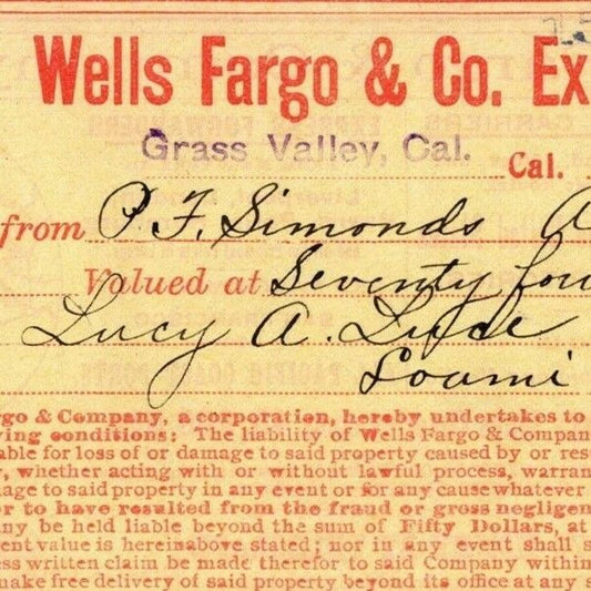 1908 Wells Fargo & Co Express - Grass Valley, CA - $104.18 Money Receipt